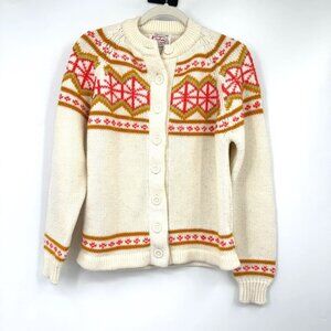 1960s vintage cardigan sweater fair isle cream green orange woman’s size small m
